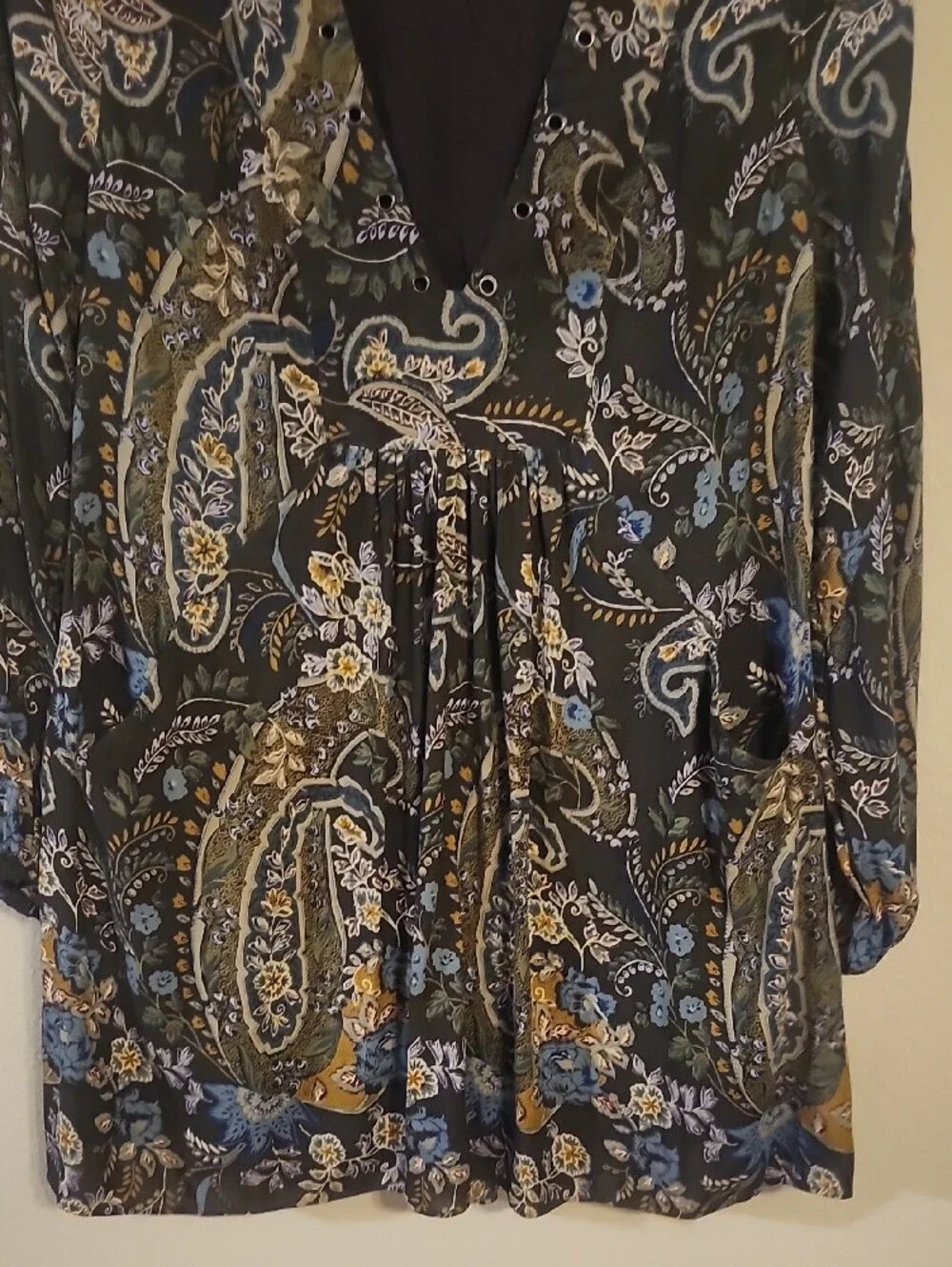 Free People Black Paisley Mini Dress with Blue & Olive Floral Motif